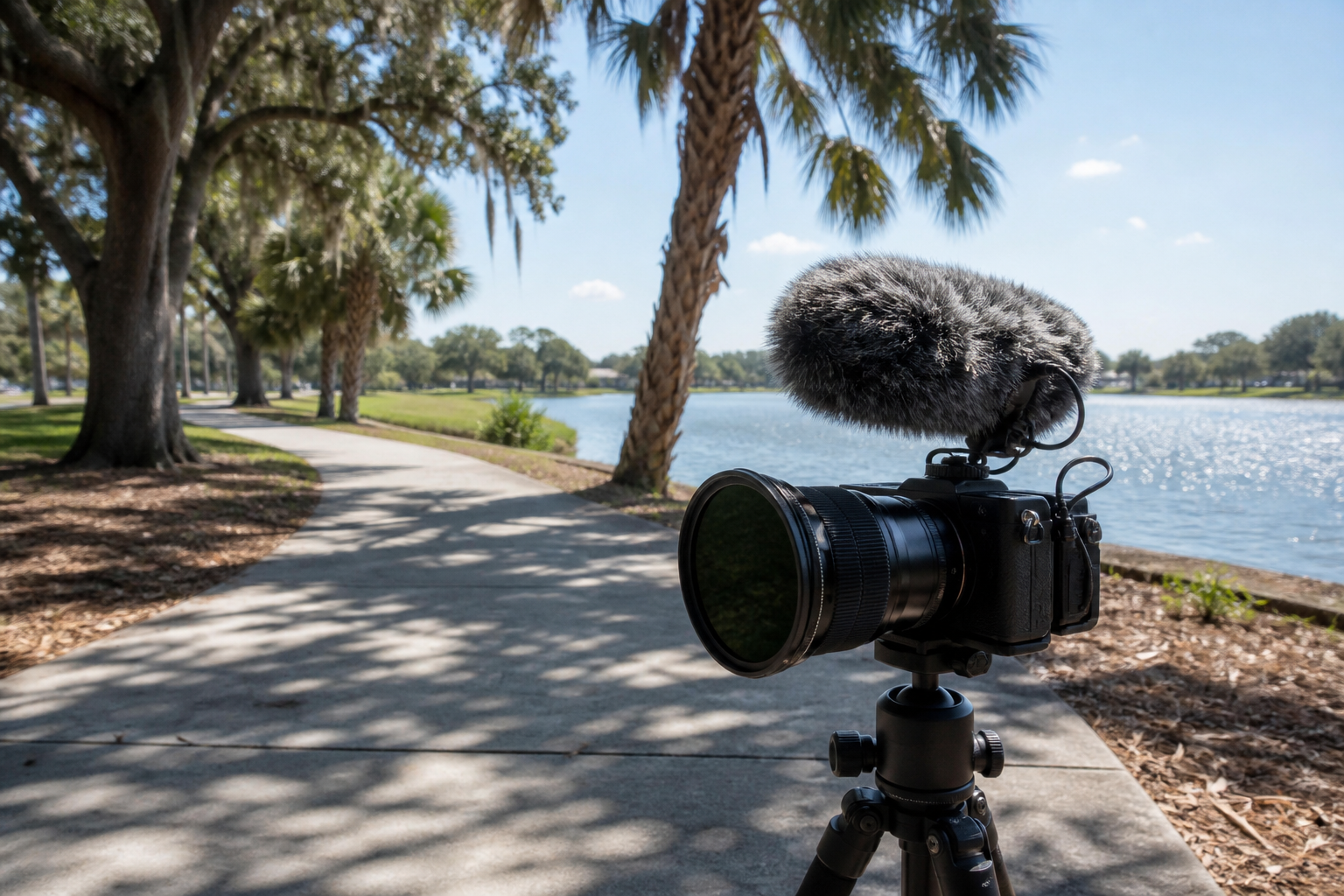A camera on a public park sidewalk beside a lake at noon.